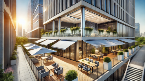 DALL·E 2025-01-28 10.58.48 - A modern office building with a terrace featuring custom-designed awnings. The terrace has stylish, retractable awnings in sleek, corporate colors, pr